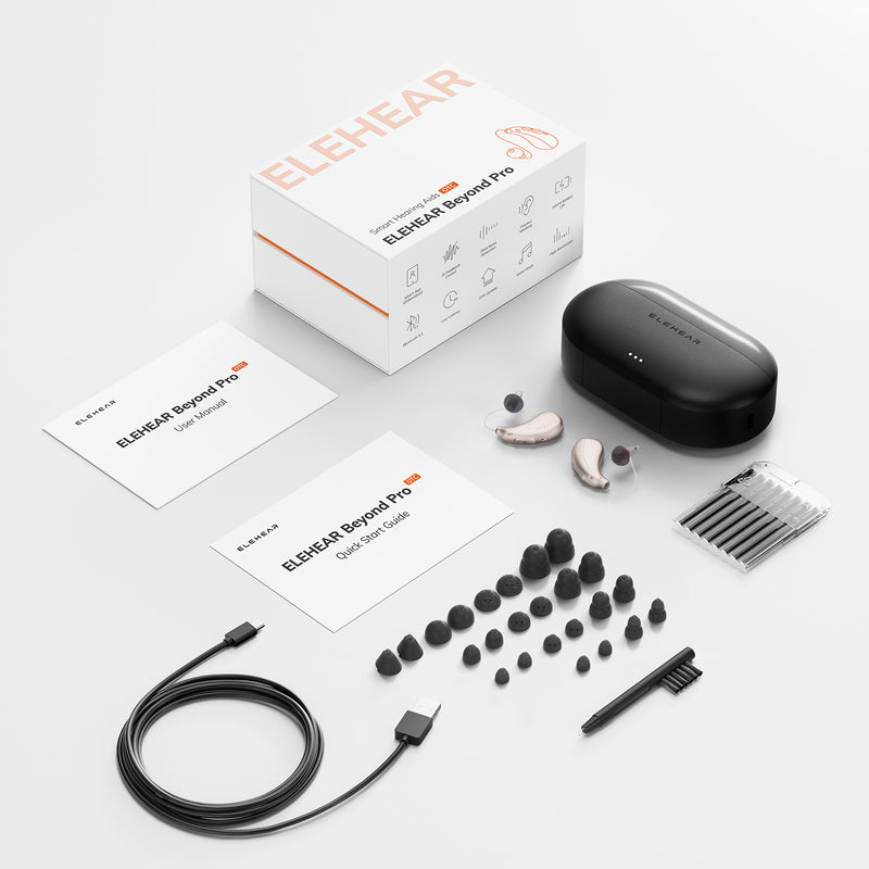 ELEHEAR hearing aids product set with packaging, ear tips, and accessories on a white background