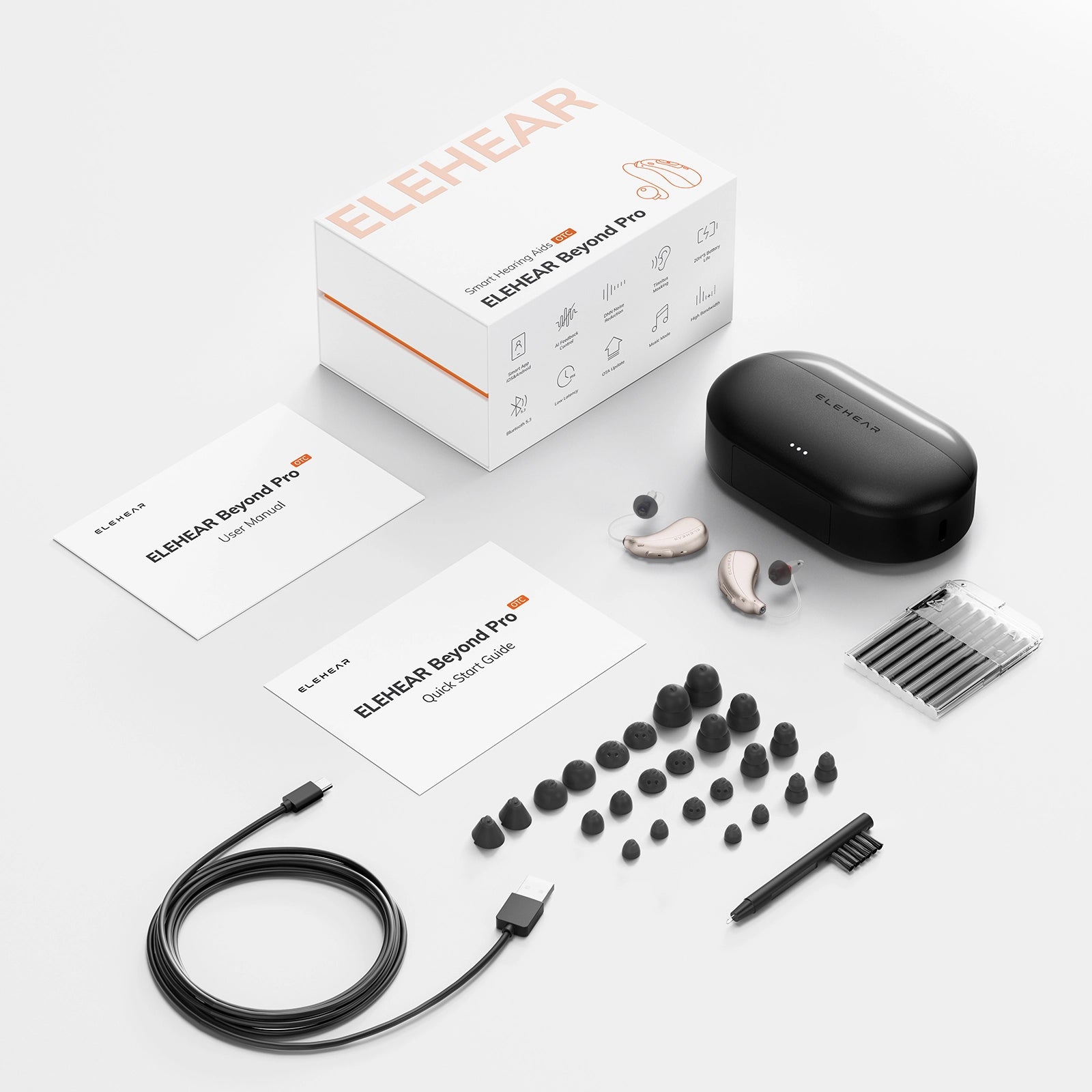 ELEHEAR hearing aids product set with packaging, ear tips, and accessories on a white background