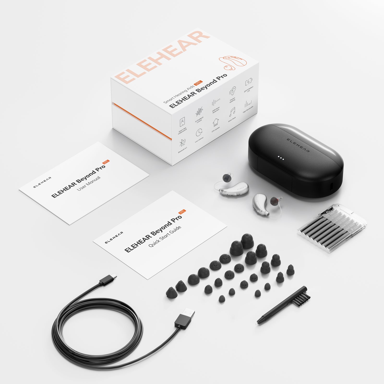 ELEHEAR Beyond Pro earbud components and packaging on a white background