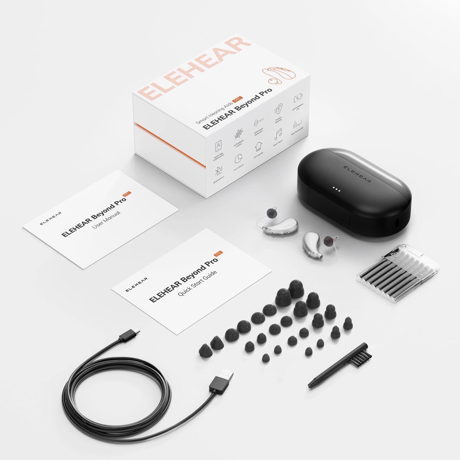 ELEHEAR Beyond Pro earbud components and packaging on a white background
