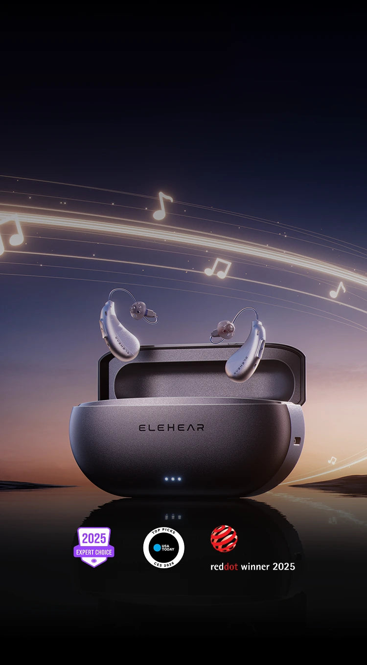 ELEHEAR wireless earbuds with charging case on a dark background with music notes.