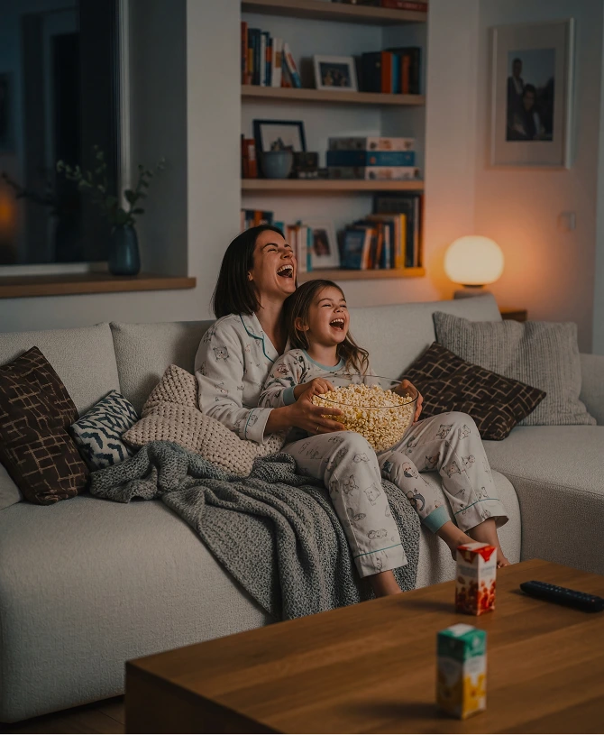 Two people sitting on a couch with popcorn, laughing, in a cozy living room.