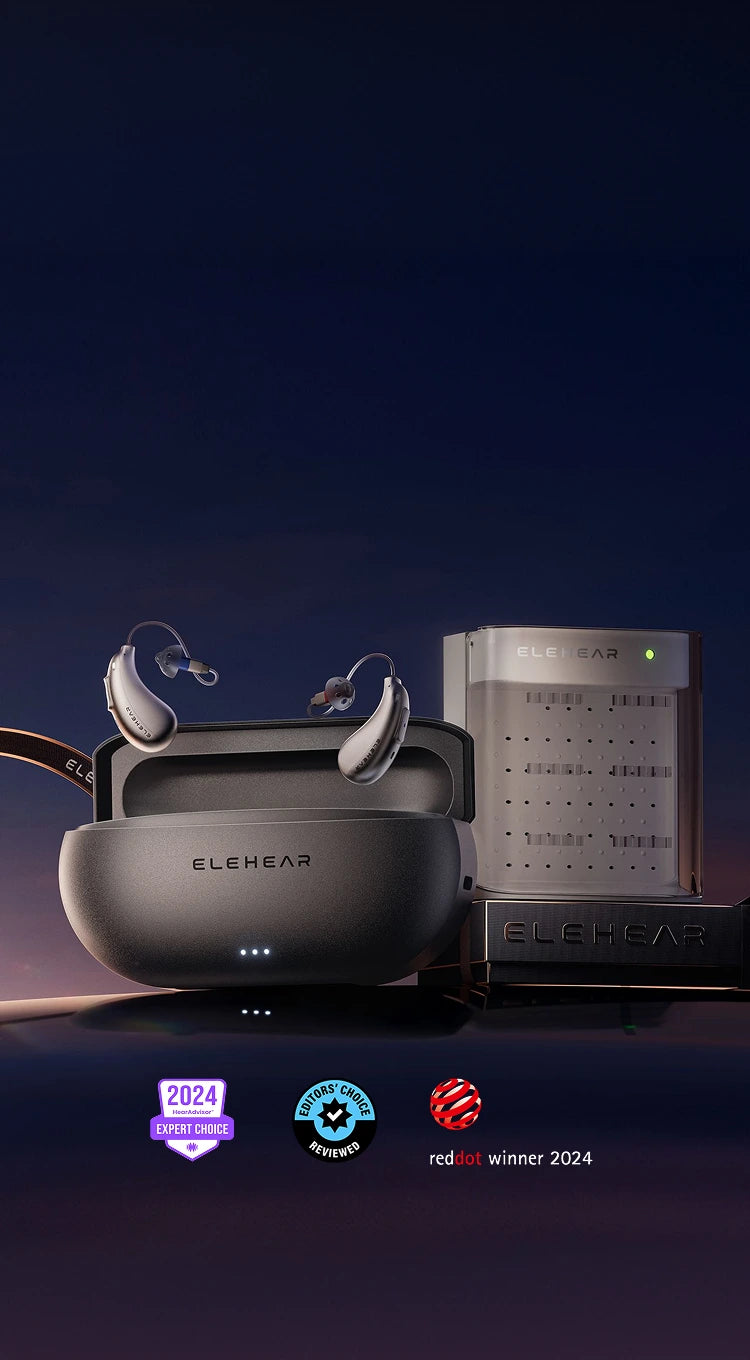 ELEMEAR smart glasses with a building in the background on a dark blue gradient background